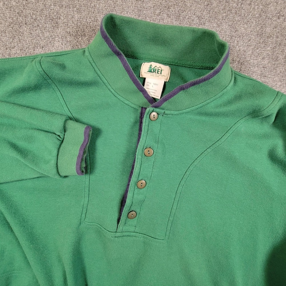 Vintage REI Sweatshirt Mens Large Green‎ Button Henley Mock Neck Pockets 90s